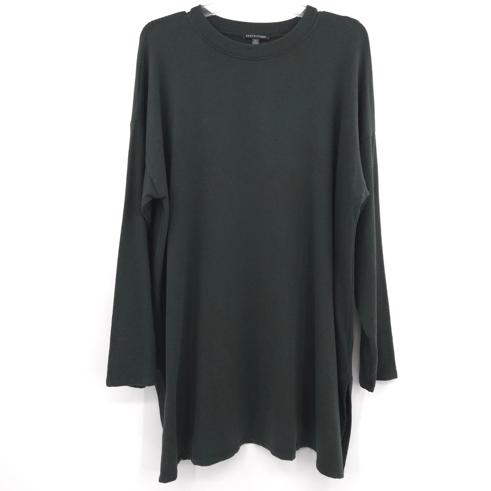 Eileen Fisher Tunic Top Women XL Green Long Sleeve Tencel Organic Cotton Slit